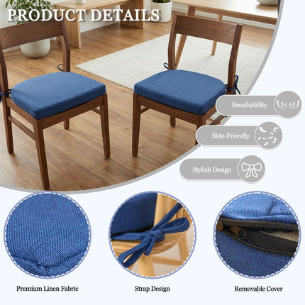 Chair Cushions for Dining Chairs Set of 2, D-Shaped Seat Cushion for Kitchen Chairs with Removable Cover and Ties, Indoor Chair Pads for Dining Room, Kitchen, 17 inch x 17 inch x 2.56 inch, Blue
