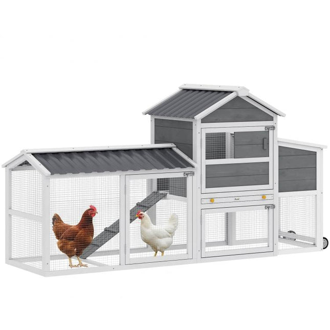 Chicken Coop with Wheels, 80 inch L Mobile Hen House with Run, Outdoor Wooden Chicken House with Nesting Box, Tray, Ramp