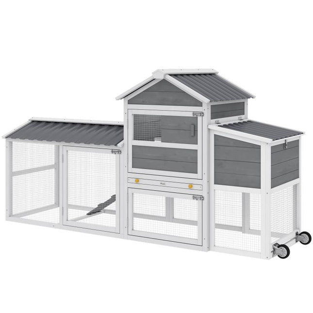 Chicken Coop with Wheels, 80 inch L Mobile Hen House with Run, Outdoor Wooden Chicken House with Nesting Box, Tray, Ramp