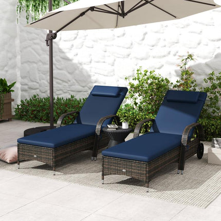 2 Reclining Chaise Lounge Chairs, Rolling Outdoor Chairs with Cushion, Pillow, Headrest, Armrests, and Wheels, Dark Blue