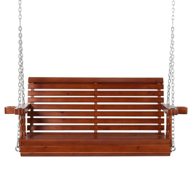 46 inch 2-Person Porch Swing Wooden Patio Swing Bench with Cup Holders, Slatted Design, Chains, 440lb Weight Capacity, Brown