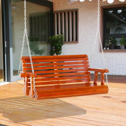 46 inch 2-Person Porch Swing Wooden Patio Swing Bench with Cup Holders, Slatted Design, Chains, 440lb Weight Capacity, Brown