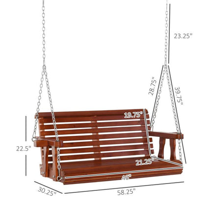 46 inch 2-Person Porch Swing Wooden Patio Swing Bench with Cup Holders, Slatted Design, Chains, 440lb Weight Capacity, Brown