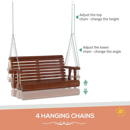 46 inch 2-Person Porch Swing Wooden Patio Swing Bench with Cup Holders, Slatted Design, Chains, 440lb Weight Capacity, Brown