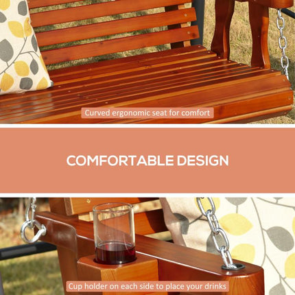 46 inch 2-Person Porch Swing Wooden Patio Swing Bench with Cup Holders, Slatted Design, Chains, 440lb Weight Capacity, Brown