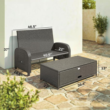 Patio Rattan Daybed, Wicker Outdoor Daybed with Storage Ottoman, Loveseat w/ Adjustable Backrest, Navy Blue
