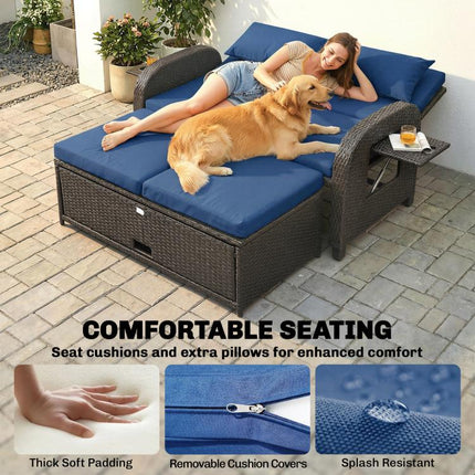Patio Rattan Daybed, Wicker Outdoor Daybed with Storage Ottoman, Loveseat w/ Adjustable Backrest, Navy Blue