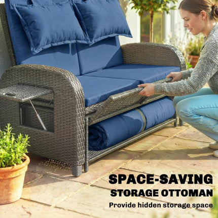 Patio Rattan Daybed, Wicker Outdoor Daybed with Storage Ottoman, Loveseat w/ Adjustable Backrest, Navy Blue