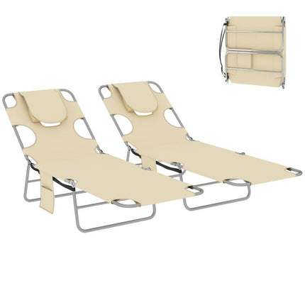 2 Tanning Chairs with Face Hole, 5-Level Adjustable Outdoor Chaise Lounge Chair with Pillow for Beach, Pool, Beige