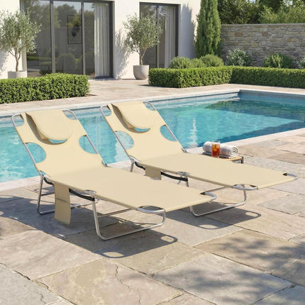2 Tanning Chairs with Face Hole, 5-Level Adjustable Outdoor Chaise Lounge Chair with Pillow for Beach, Pool, Beige