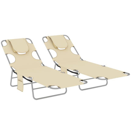2 Tanning Chairs with Face Hole, 5-Level Adjustable Outdoor Chaise Lounge Chair with Pillow for Beach, Pool, Beige
