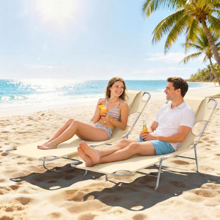 2 Tanning Chairs with Face Hole, 5-Level Adjustable Outdoor Chaise Lounge Chair with Pillow for Beach, Pool, Beige