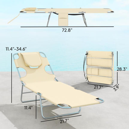 2 Tanning Chairs with Face Hole, 5-Level Adjustable Outdoor Chaise Lounge Chair with Pillow for Beach, Pool, Beige