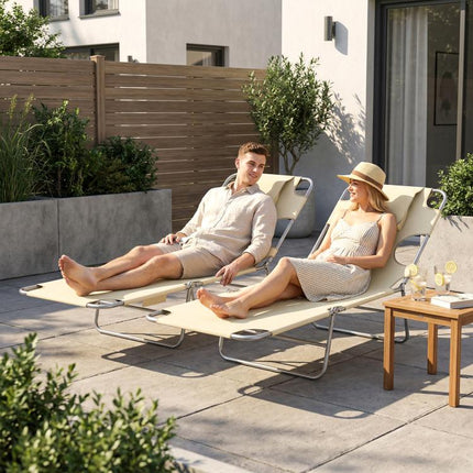 2 Tanning Chairs with Face Hole, 5-Level Adjustable Outdoor Chaise Lounge Chair with Pillow for Beach, Pool, Beige