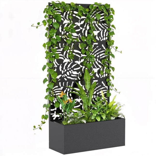 Metal Planter Box with Trellis, 71 inch Tall Raised Garden Bed with Privacy Screen and Drainage Holes, Banana-Leaf Cut-Outs