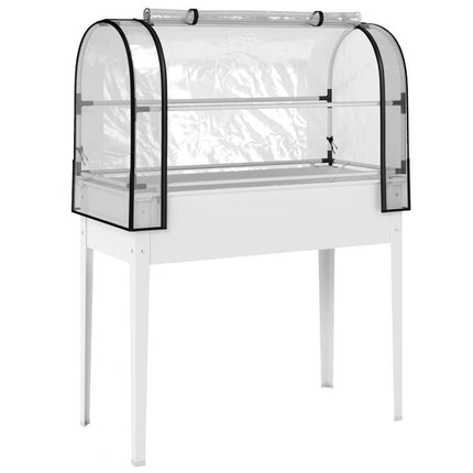 Raised Garden Bed with Flip-Up Greenhouse Cover, Metal Elevated Garden Bed with Legs and Drainage Hole, White