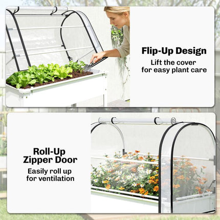 Raised Garden Bed with Flip-Up Greenhouse Cover, Metal Elevated Garden Bed with Legs and Drainage Hole, White