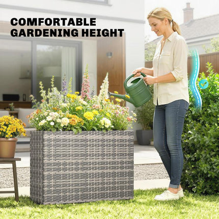 Tall Rectangular Planter with Removable Liner, Holes, PE Wicker Large Planter Box for Indoor Outdoor Plants, Gray
