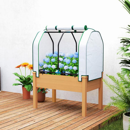 Raised Garden Bed with PE Greenhouse Cover Outdoor Planter Box for Herbs and Vegetables, 35 x 22 x 47 inch, Sand