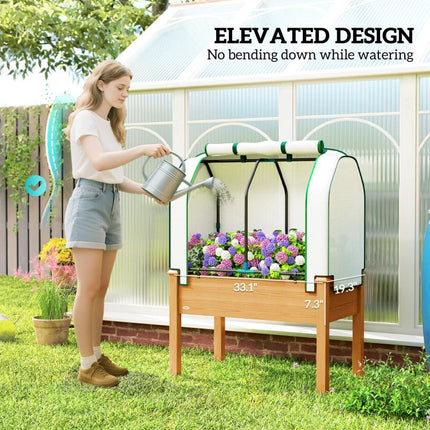 Raised Garden Bed with PE Greenhouse Cover Outdoor Planter Box for Herbs and Vegetables, 35 x 22 x 47 inch, Sand