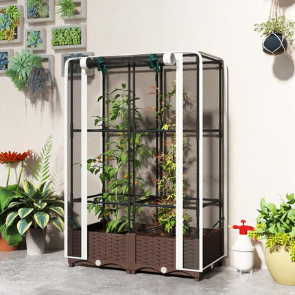 Raised Garden Bed with Trellis, 46.5 inch Tomato Cage with Crop Cage, Self Watering Planter Box with Drainage Holes, White