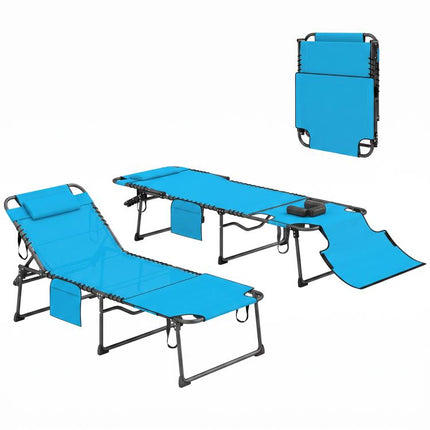 2 Piece Folding Chaise Lounge Pool Chairs with 5-level Reclining Back, Reading Hole, Side Pocket, Blue