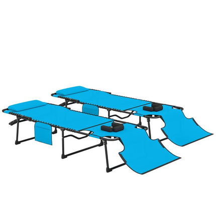 2 Piece Folding Chaise Lounge Pool Chairs with 5-level Reclining Back, Reading Hole, Side Pocket, Blue