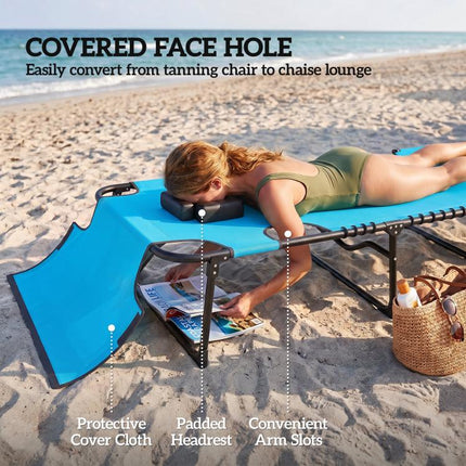 2 Piece Folding Chaise Lounge Pool Chairs with 5-level Reclining Back, Reading Hole, Side Pocket, Blue