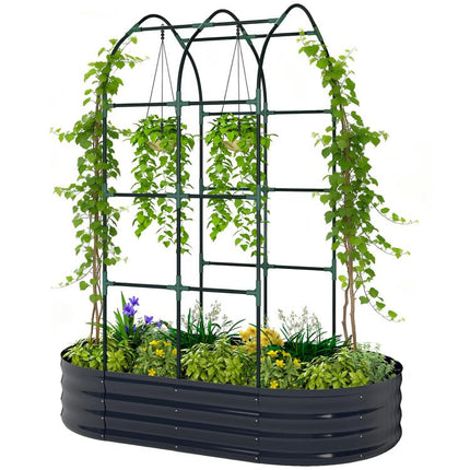 Galvanised Raised Garden Bed with Arched Trellis, 5 x 3 x 6ft Metal Outdoor Planter Box with Open Bottom, Dark Gray
