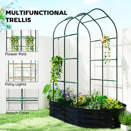 Galvanised Raised Garden Bed with Arched Trellis, 5 x 3 x 6ft Metal Outdoor Planter Box with Open Bottom, Dark Gray