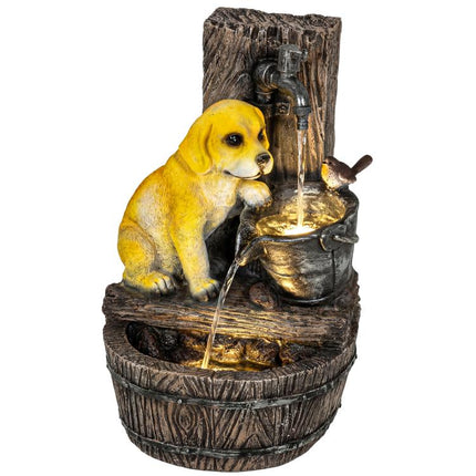 22 inch Outdoor Fountain with 3-Tier Puppy Theme, Resin Garden Fountain with LED Lights, Adjustable Flow, Rustic Brown