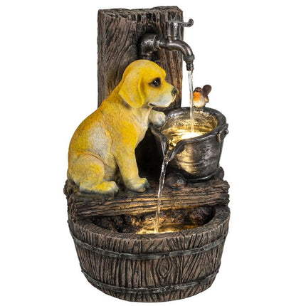 22 inch Outdoor Fountain with 3-Tier Puppy Theme, Resin Garden Fountain with LED Lights, Adjustable Flow, Rustic Brown