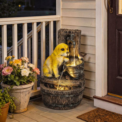 22 inch Outdoor Fountain with 3-Tier Puppy Theme, Resin Garden Fountain with LED Lights, Adjustable Flow, Rustic Brown