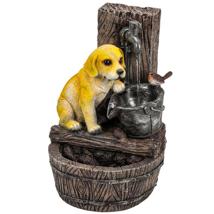 22 inch Outdoor Fountain with 3-Tier Puppy Theme, Resin Garden Fountain with LED Lights, Adjustable Flow, Rustic Brown