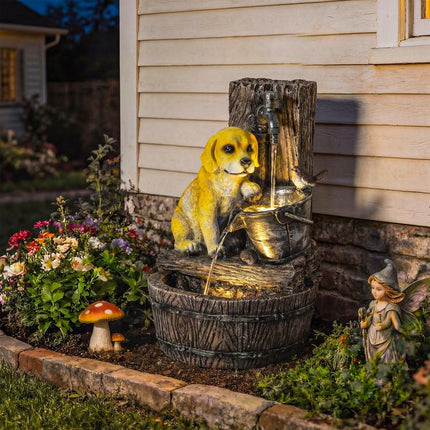 22 inch Outdoor Fountain with 3-Tier Puppy Theme, Resin Garden Fountain with LED Lights, Adjustable Flow, Rustic Brown
