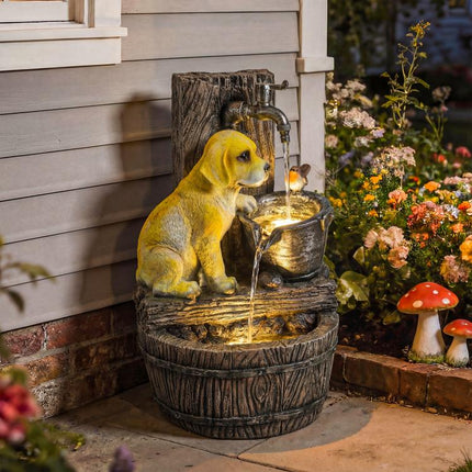 22 inch Outdoor Fountain with 3-Tier Puppy Theme, Resin Garden Fountain with LED Lights, Adjustable Flow, Rustic Brown