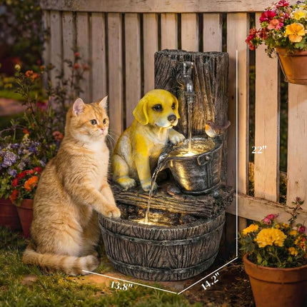 22 inch Outdoor Fountain with 3-Tier Puppy Theme, Resin Garden Fountain with LED Lights, Adjustable Flow, Rustic Brown