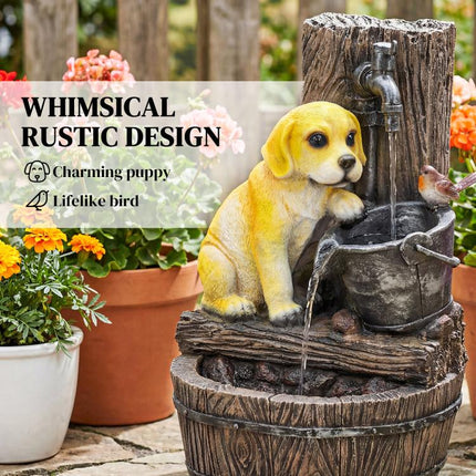 22 inch Outdoor Fountain with 3-Tier Puppy Theme, Resin Garden Fountain with LED Lights, Adjustable Flow, Rustic Brown
