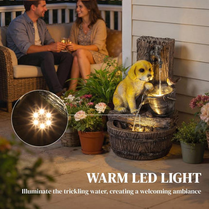 22 inch Outdoor Fountain with 3-Tier Puppy Theme, Resin Garden Fountain with LED Lights, Adjustable Flow, Rustic Brown
