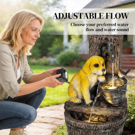 22 inch Outdoor Fountain with 3-Tier Puppy Theme, Resin Garden Fountain with LED Lights, Adjustable Flow, Rustic Brown