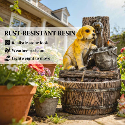 22 inch Outdoor Fountain with 3-Tier Puppy Theme, Resin Garden Fountain with LED Lights, Adjustable Flow, Rustic Brown