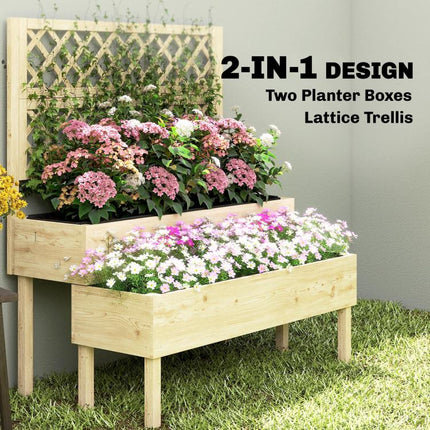 2-Tier Raised Garden Bed with Trellis, Elevated Planter Box for Climbing Plants, Natural