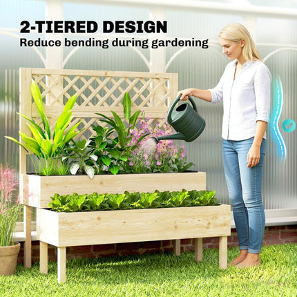 2-Tier Raised Garden Bed with Trellis, Elevated Planter Box for Climbing Plants, Natural