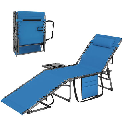 Folding Outdoor Chaise Lounge Chair Tanning Chair with 5-Level Adjustable Back, Side Table, Pillow, Pocket, Blue
