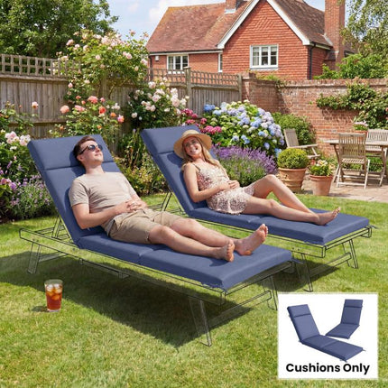 Outdoor Chaise Lounge Cushions Set of 2 with 6 Ties, High-Density Foam, for Patio and Poolside, Navy Blue