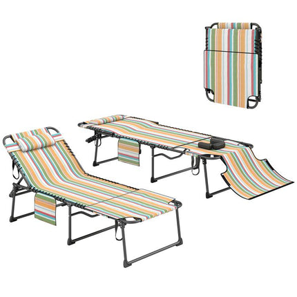2 Piece Folding Chaise Lounge Pool Chairs with 5-level Reclining Back, Reading Hole, Side Pocket, Rainbow Striped