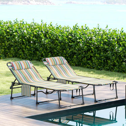 2 Piece Folding Chaise Lounge Pool Chairs with 5-level Reclining Back, Reading Hole, Side Pocket, Rainbow Striped