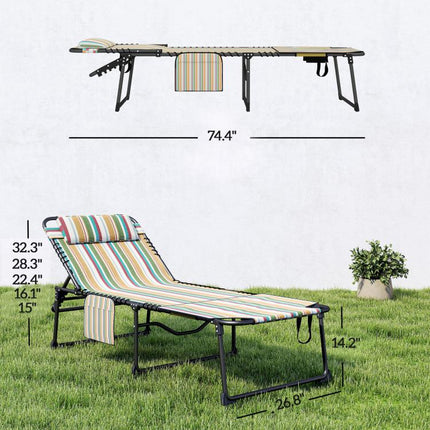 2 Piece Folding Chaise Lounge Pool Chairs with 5-level Reclining Back, Reading Hole, Side Pocket, Rainbow Striped
