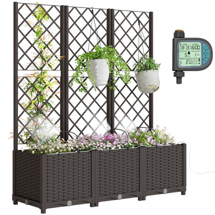 3PCS Plastic Planter Box with Trellis, Self-Watering Raised Garden Bed with Trellis and Automatic Watering Timer Kit
