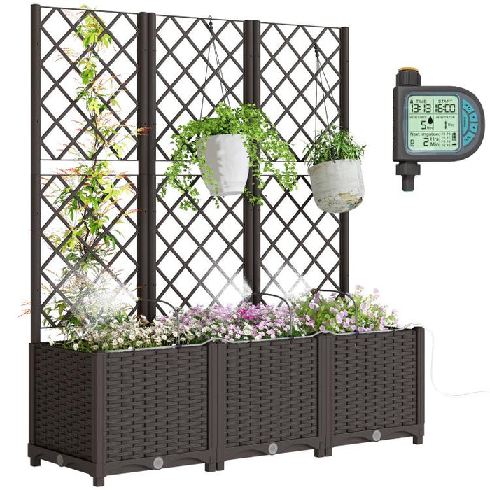 3PCS Plastic Planter Box with Trellis, Self-Watering Raised Garden Bed with Trellis and Automatic Watering Timer Kit